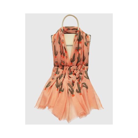 Πασμίνα Εσάρπα Γυναικεία Πορτοκαλί με κάκτους και λεπτά κρόσσια